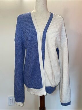 Open-Front Colorblock Blue and White Knit Cardigan